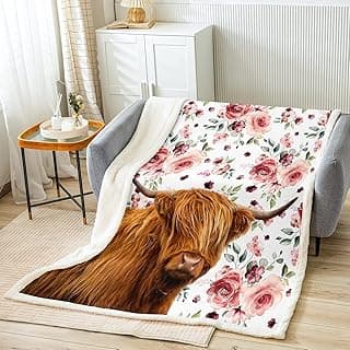 Brown Highland Cow Flannel Blanket, Pink Watercolor Flowers Print Throw Blanket for Sofa Couch, Western Cowboy Animal and Floral Theme Bed Blanket Wildlife Farmhouse Cow Plush Blanket, Twin 60"x80" image