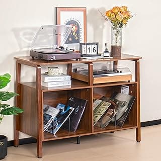 Large Record Player Stand,Mid Century Turntable Stand Table with Open Storage Holds up to 300 Albums,Vinyl Record Storage Display Shelf for Living Room Bedroom (Walnut) image