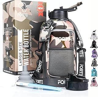 Forte Half Gallon (2.2 Liter) Plastic Water Bottle with Insulated Neoprene Sleeve Cover & Handle-Large and Leakproof with Reusable Straw- Perfect for Gym, Office & Outdoor Fun (74 Oz) (Khaki Camo) image