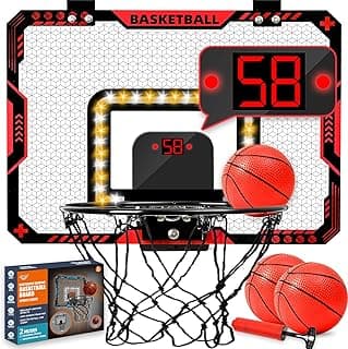 BATURU Basketball Hoop Indoor for Kids with LED Scoreboard – Over The Door Mini Basketball Hoop with Lights, Sound & 2 Game Modes – Includes 3 Balls, Pumps & Tools – Great Gifts for Boys Ages 5-12