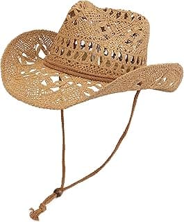 Straw Cowboy Hat for Women and Men with Shapeable Wide Brim Sun Beach Western Cowgirl Hat image