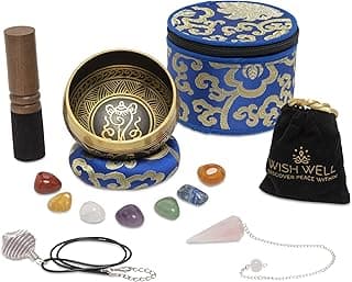 Wish Well Tibetan Singing Bowl Set ~ 4" Sound Bowl with 7 Chakra Crystal Stones, Rose Quartz Pendulum, Fabric Case, Cushion, & Mallet ~ Perfect For Meditation, Yoga, Spiritual Healing, & Mindfulness image