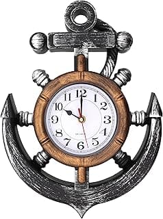 Anchor and Boat Wheel Wall Clock, Nautical Coastal Beach or Sea Theme Home Decor Silent, Non Ticking Sweep Movement image