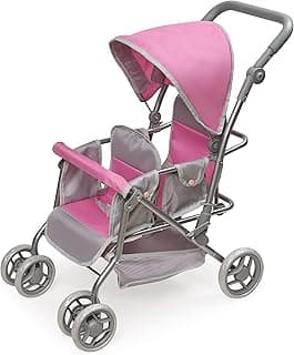 Badger Basket Double Doll Stroller - Pram for Baby Doll with Adjustable Seats & Storage Basket - Fits Doll Up to 20 Inches - Best for Toddler and Kid Pretend Play Ages 3 and Up - Pink/Grey