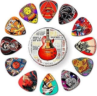 Guitar Picks 24 Pack Thin, Medium, Heavy & Extra Heavy Picks with Tin Box,Variety Pack Artistic Celluloid Guitar Pick for Bass Electric Guitar Acoustic Guitar Lovers Gift (Mix-1) image