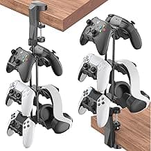 Gaming Headset and Controller Stand Under & Over Desk, 3-Tiers Controller Holder with Headphone Hook Clip, Under Desk Headphone Hanger and Game Controller Organizer with Cable Clip & 360° Rotation image