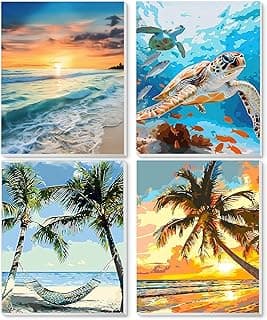 Ninonly Paint by Numbers Kit with Framed Canvas 12x16 Inch, 4 Pack Beach Sea Turtle Paint by Number Art Kits for Adults Beginner with Wooden Easel, Paint Brushes, Acrylic Paint, image