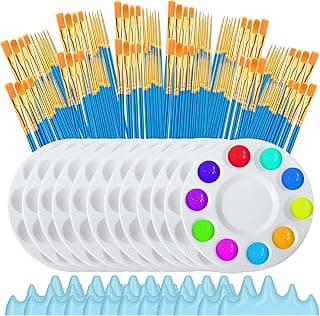 144 Pcs Paint Brush Sets, 120 Pieces Paint Brushes and 12 Painting Palette 6.3 inch, with 12 Pen Holders Convenient Storage, for Watercolor Painting, Ink Painting, Handicraft Painting