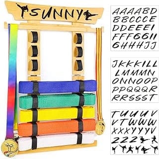 Tilhumt 8 Belt Karate Belt Display Rack with Medal Hanger and Stickers, Taekwondo Belt Display Holder, Martial Arts Belt Display Organizer for Kids and Adults, No Assembly Required (Bamboo/Acrylic) image