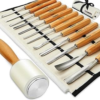 Wood Carving Kit, Wood Carving Tools Set of 12 Chisels and Wood Mallet with Canvas Case Gouges, Woodworking Chisel Set for Beginners and Professionals, Razor Sharp CR-V 60 Steel Blades image