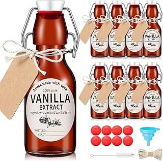 Vesici 8 Sets Swing Top Glass Bottles Set Amber Homemade Vanilla Extract Bottles with Stoppers Stickers Caps Jar Brush Funnel Rope Labels Vanilla Extract Jars for Holiday DIY Crafts (4 oz)