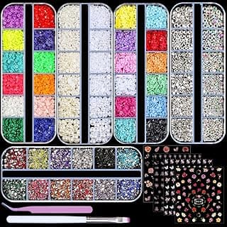 5 Boxes Shiny Colorful Nail Art Rhinestones Nail Stone Gems Design Kit and 4 sheets flower nail art stickers with a Curved Tweezers and a Nail Brush (6-rhinestones kit-3) image