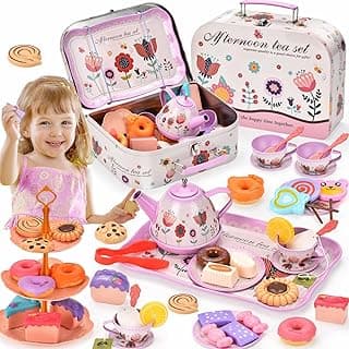 52-Piece Tea Party Set for Little Girls, Pretend Kitchen Toy for Kids 3 4 5 6 Year Old, Girls Toys with Tin Tea Set, Desserts & Metal Carrying Case, Birthday,Stocking Stuffers for Kids image