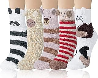 5 Pairs Womens Fuzzy Socks Cozy Soft Fluffy Cute Cat Animal Winter Warm Slipper Socks Christmas Stocking Stuffers image