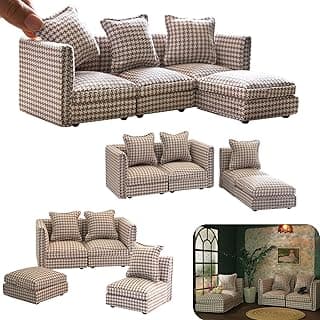iLAND Dollhouse Furniture Miniature Sectional Couch Set for Doll House Décor Fit 1/12 Scale Accessories, Modern Brown Houndstooth Sofa Timeless & Classic