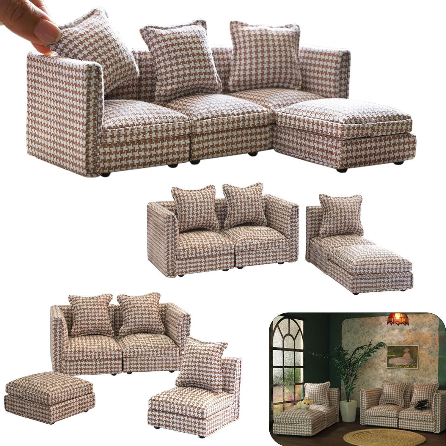 iLAND Dollhouse Furniture Miniature Sectional Couch Set for Doll House Décor Fit 1/12 Scale Accessories, Modern Brown Houndstooth Sofa Timeless & Classic