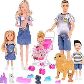Family Dollhouse Dolls Playset with Baby Stroller - 6 People, Pets & Accessories for 3-12 Years Old | Toddler Gift with Pregnant Mom, Dad, 3 Kids, Dogs, and Interactive Play