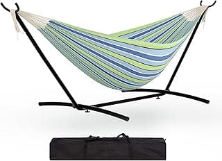 Instant-Setup 2-Person Hammock with Reinforced Steel Frame – Portable Outdoor Lounger for Garden, Camping & Beach (450lb Capacity + Quick-Fold Carry Bag),Blue-Green Stripes