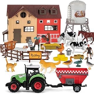 Farm Animal Toy Set with Red Barn, 33Pcs Farm Barn Playset for Kid Toddler 3-5 5-7 Year Old including Animal Figure Farmer Tractor and Farm Life Accessories Horse Cow Sheep Goose Duck Cat Dog image