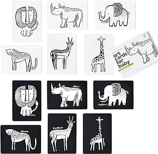 Wee Gallery Art Cards for Baby, Durable High Contrast Black and White Animal Flashcards for Newborns, Brain Development, Sensory Toys, Tummy Time Essentials for Infant and Toddler - Safari Animals