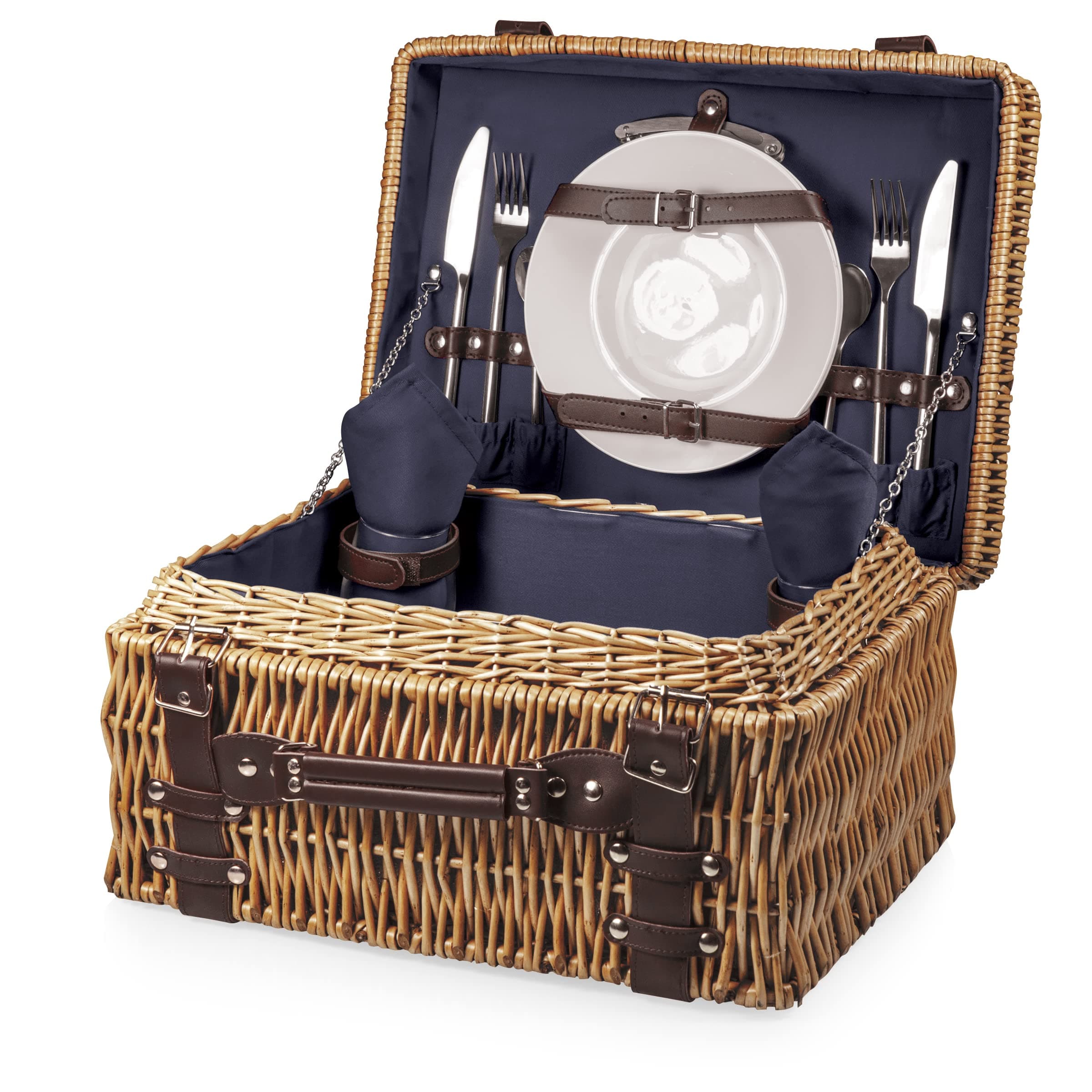 PICNIC TIME Champion Picnic Basket for 2, Large Wicker Hamper Set with Cutlery Service Kit, (Navy Blue)