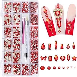6080PCS Dark Red Rhinestones for Nails, Rhinestone kit with 20 Shapes, 3D Flatback Crystals Diamonds for Nail Art Design, Mix Sizes Nail Charms and Gems(Picking Pen&Tweezers Included)