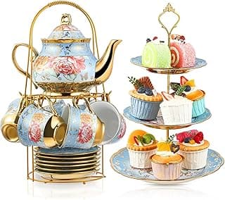 21 Pcs European Ceramic Tea Set with Metal Holder and 3 Tier Ceramic Cake Stand Porcelain Tea Set for Adults Flower Tea Cup Set Teapot Set Dessert Cupcake Stand for Tea Party (Advanced Style) image