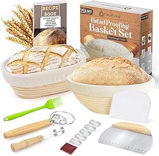 Casa Crest Sourdough Bread Baking Kit - Includes 1 Oval and 1 Round Banneton Basket for Proofing and Rising, Bowl Scraper, Cookbook, Liners, and Tools - Accessories and Supplies for Adults