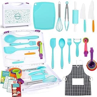 Kids Cooking Sets Real, Kids Cooking & Baking Set with Storage Case Kid Safe Knives Cutting Board Apron Cookbook Toddler Cooking Utensils, Montessori Kitchen Tools, Birthday Gifts Toys for Girls Boys image