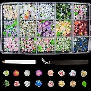 Flowers Nail Charms Kit, 3D Acrylic Assorted Nail Charms Pearl Leaf with Tweezer Pickup Pencil for Women DIY Nail Decorations. image