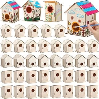 DoubleFill 12 Pcs Bulk Wooden Bird Houses Kits for Kids DIY Bird House Kit Unfinished Wood Birdhouse Kit Wooden Crafts to Paint, Build, and DIY for Boys Girls Crafts Classroom Activity, 3 Styles image