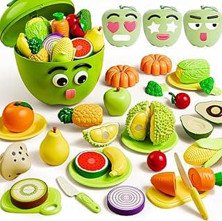 iPlay, iLearn Toddler Play Food Toy, Cutting Food Set W/ Emotion Storage Box, Kids Pretend Play Kitchen Accessories Fruit Vegetable, Preschool Learning Activities Birthday Gift 3 4 5 Year Old Girl Boy