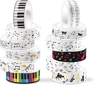 Music Washi Tape Set 12 Rolls,Musical Note Washi Tape Notes Guitar Piano Keys Washi Tape Decorative Paper Stickers Decorative Tape for Craft,Kids,Scrapbook,DIY,Gift Wrapping,Party Decor image