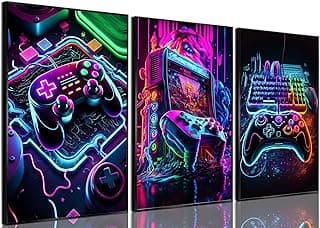 3pcs Game Room Decor Neon Gaming Posters Wall Art Gamer Accessories Theme Canvas Print Game Console Painting Picture for Children Youth Game Boys Bedroom Teen Wall Decor Unframed 16"x24"x3 image