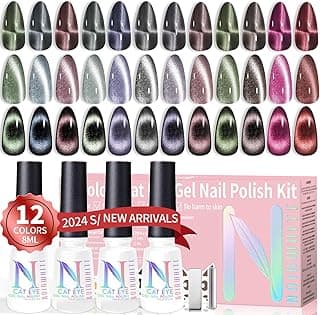 Gel Nail Polish Set, 12 Colors Holographic Glitter Neon Cat Eye Gel Nail Polish Kit with Magnet Base Top Coat Magnetic Nail Polish Starter Kit Nails Art DIY Home Salon Gift for Girls Women image