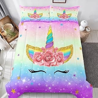 Unicorn Bedding Twin for Girls, Colorful Rainbow Comforter Set with Pink Unicorn Bedding Comforter, Cute Bed Set for Kids Teens, Ultra Soft and Fluffy image