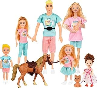 Family Dolls Set of 7 People Include Pregnant Mom Dad 4 Kids, a Small Baby in Mommy's Tummy,a Puppy Dog and a Little Horse, Doll Playsets and Accessories for 3-12 Years Old Toddlers Gift