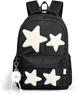 Preppy Backpack with Cute Plush Accessories Star Y2K School Bookbag Girls Aesthetic Backpacks for Kids (Black) image