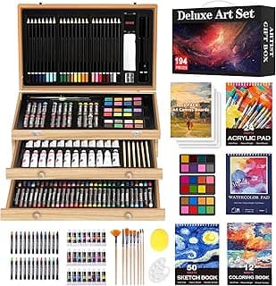 194 Piece Deluxe Art Set, Painting Drawing Art Supplies with 4 Drawing Pads, Acrylic Paints, Crayons, Colored Pencils Set in Wooden Case, Art Kit Gift Box for Kids, Teens, Adults, Artists, Beginners