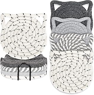 Whaline Cat Ears Coaster Set Cat Ear Shape Handmade Braided Cotton Coasters White Grey Non-Slip Absorbent Drink Coasters with Holder for Back to School Birthday Housewarming Gifts Home Decor, 4Pcs image