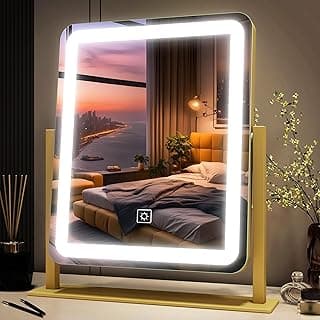 FENNIO Vanity Mirror with Lights - 15"x12.6" LED Lighted Makeup Mirror, Large Makeup Mirror with Lights, Touch Screen with 3-Color Lighting, Dimmable, for Vanity Desk Tabletop, Bedroom Gold image