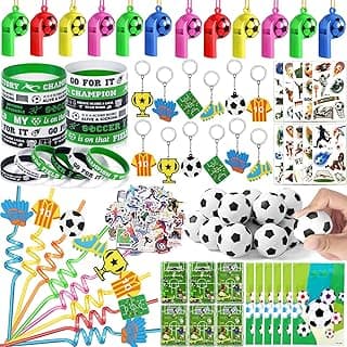 146Pcs Soccer Party Favors Birthday Supplies for Kids, Straw Bouncy Ball Puzzle Toy Bracelet Gift Bag Whistle Sticker Keychain, Goody Stuffer Girls Boys Sports Soccer Themed Party Favors Decor image
