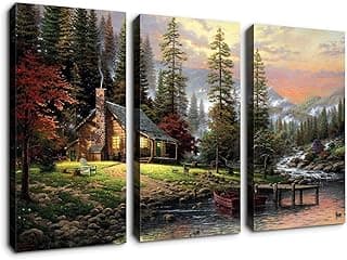 3 Panels Canvas Wall Art Thomas Kinkade Garden Landscape Oil Painting for Home Decor Stretched and Framed Ready to Hang - 20"x40"x3 Panels Wall Decor image