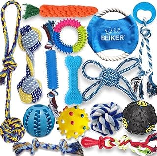 Beiker Dog Teething Chew Toys - 15 Pack Tough Small Medium Large Breed Puppy Toys, Dogs Rope Chew Toys Bundle for Boredom, Pet Interactive Squeaky Treat Dispensing Ball for Puppies image