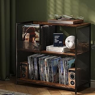 3 Tier Record Player Stand Holds Up to 300 Albums with 4 Adjustable Divider for Turntable Stand, Large Vintage Record Player Table with Vinyl Record Holder Cabinet-Patent Pending