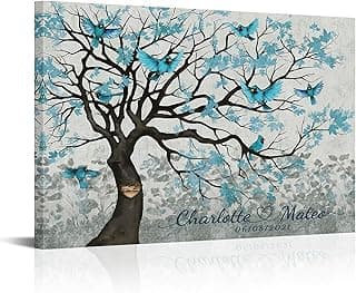 iLOOKLiKE Personalized Family Tree with Couple'S Names and Date Wall Art Decor Blue Cardinals Birds on Heart Shape Tree of Life Canvas Prints Custom Poster Love Gifts for Home Anniversary Wedding image