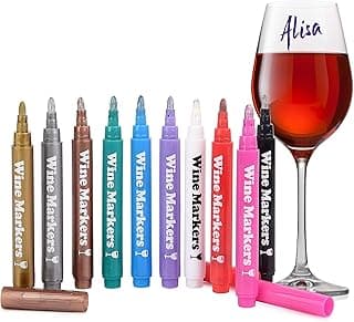 Vaci Markers Wine Glass Markers - 10 Pack | Metallic Color Pens with 2 Stencils & 8 Glass Labels | Washable & Erasable | Great for Parties, Baby Showers, Weddings or Any Occasions | For Adults image