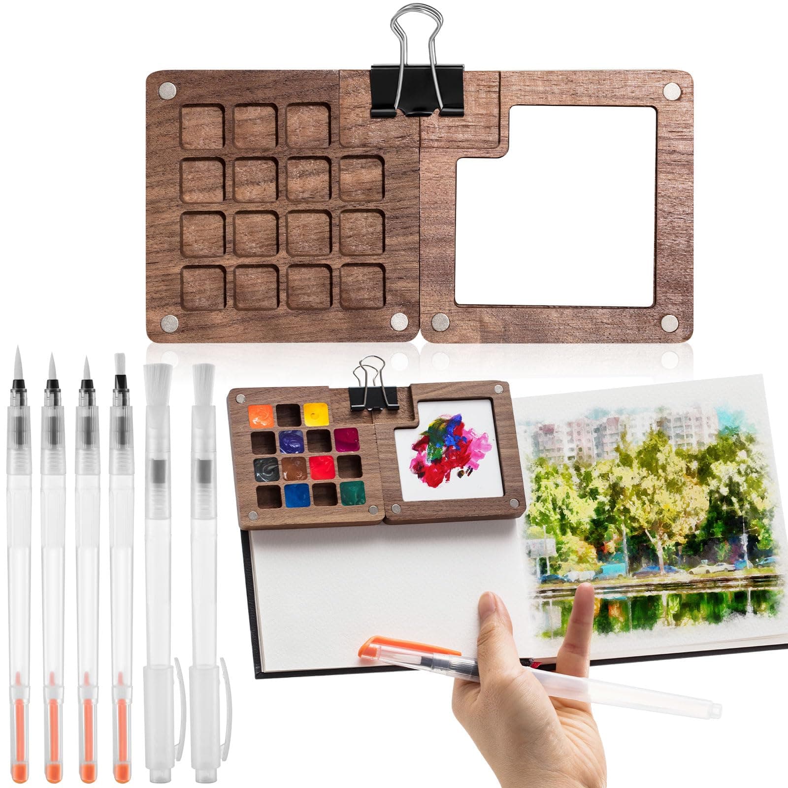 Qilery Spring Mini Portable Watercolor Palette Set Wooden Grid Paint Box, Watercolor Paper Pad Sketch Book Brush Pens with Binder Clips for Painters Artists Students(5.5 x 5.5 Inches) image