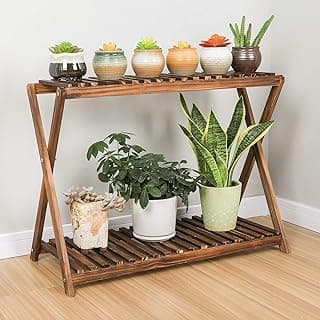 Wooden Plant Stand Indoor 2 Tier Narrow Plant Stand Outdoor Plant Shelf Display Rack Corner Flower Rack Stand for Living Room Garden Patio Balcony (X-Cross Design) image