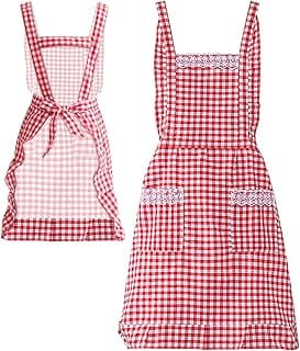 Women Classic Vintage Apron, Red and White Gingham Cotton Apron, Home Kitchen Chef Bib image